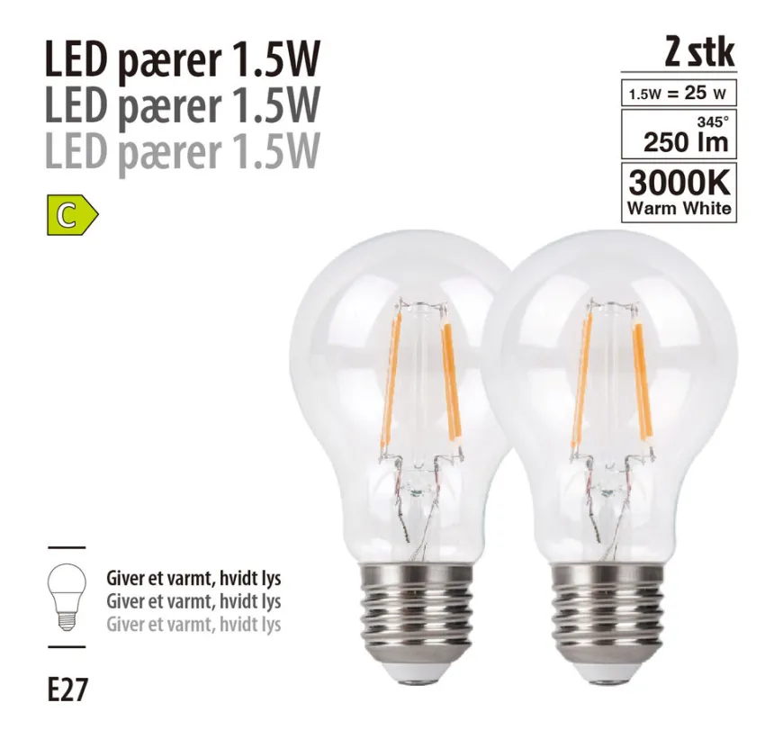 LED-filamentpærer 1,5 W E27 - 2-pk.