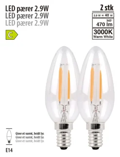 LED-pærer kerte 2,9 W E14 - 2 pk.