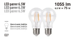 LED-pærer standard formet 6,5 W E27 - 2-pk.