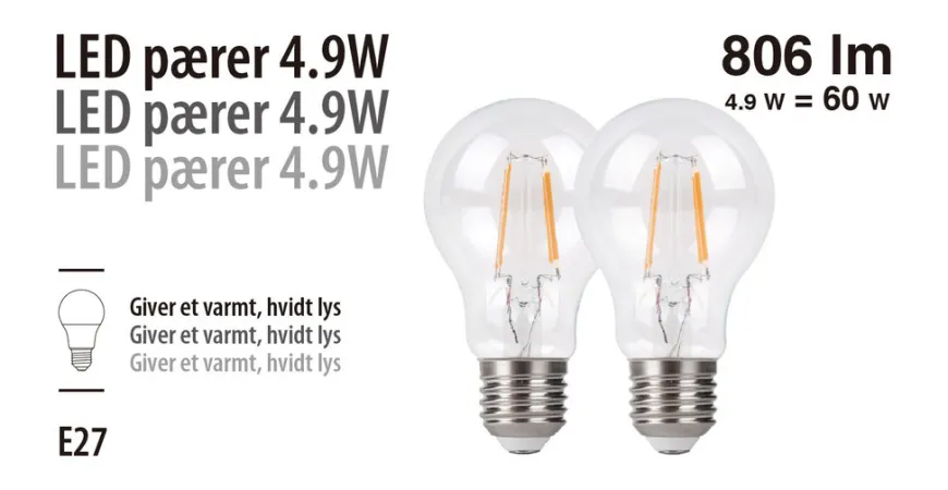 LED-pærer standard 4,9 W E27 - 2-pk.