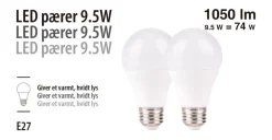LED-pærer standart 9,5 W E27 - 2-pk.