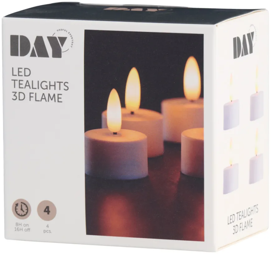 LED-telys m/3D flamme 4 stk.