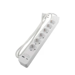 Skjøteledning 6-veis schuko m/USB og bryter hvit 1,5 m