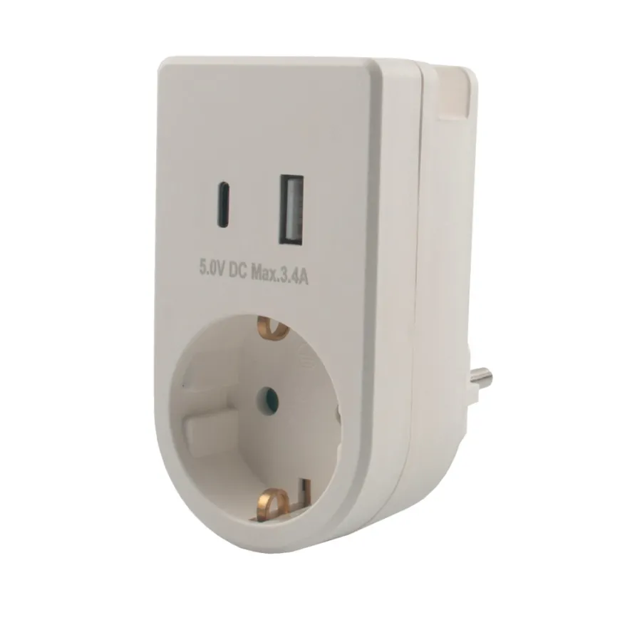Stikkontaktadapter schuko m/USB & mobilholder
